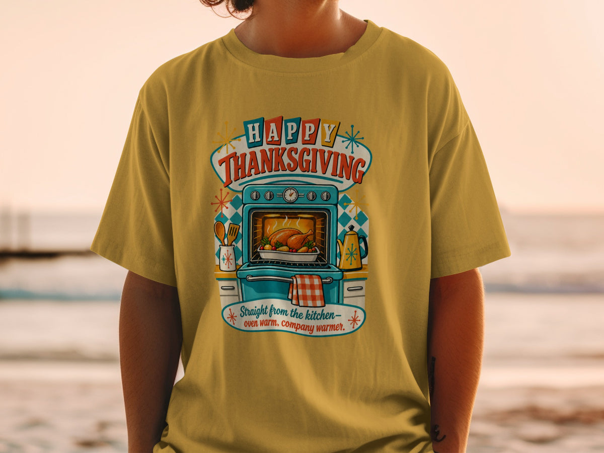 Happy Thanksgiving graphic with a roasted turkey in an oven.
