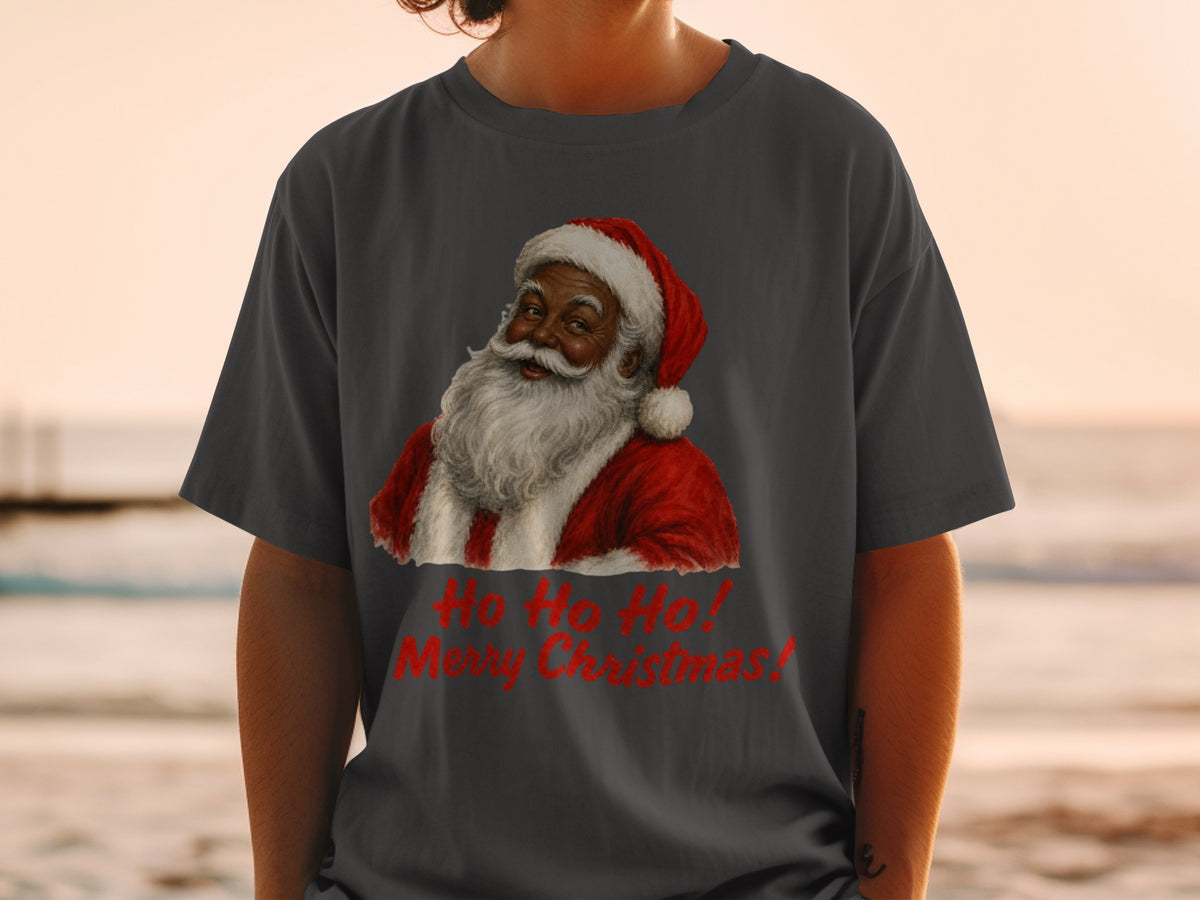 Dark grey t-shirt with a cheerful Santa Claus graphic and red text.