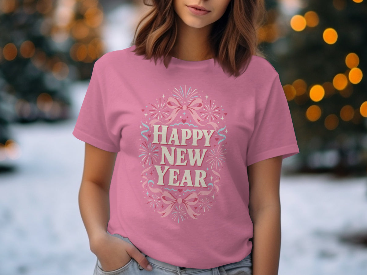 Pink t-shirt with "Happy New Year" graphic and festive decorations.