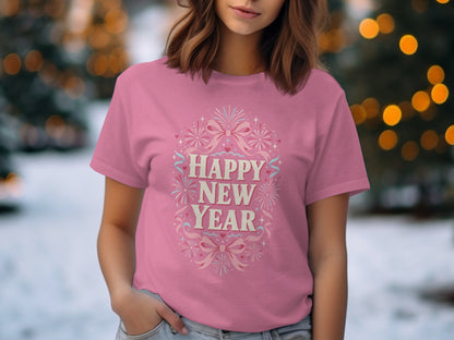 Pink t-shirt with "Happy New Year" graphic and festive decorations.