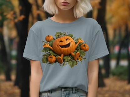 Smiling cartoon pumpkin with arms outstretched surrounded by smaller pumpkins and vines.