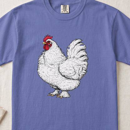 Blue t-shirt featuring a detailed illustration of a white rooster centered on the chest.