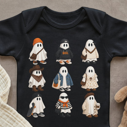 Nine cartoon ghosts in outfits including "BOO." hoodie and cowboy attire.