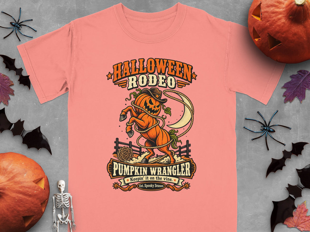 Peach t-shirt with "Halloween Rodeo Pumpkin Wrangler" graphic.