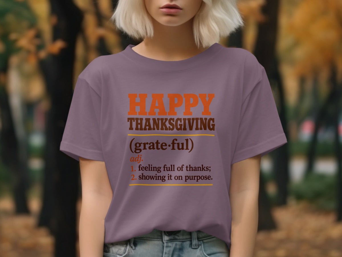 Purple t-shirt with "Happy Thanksgiving" definition graphic.