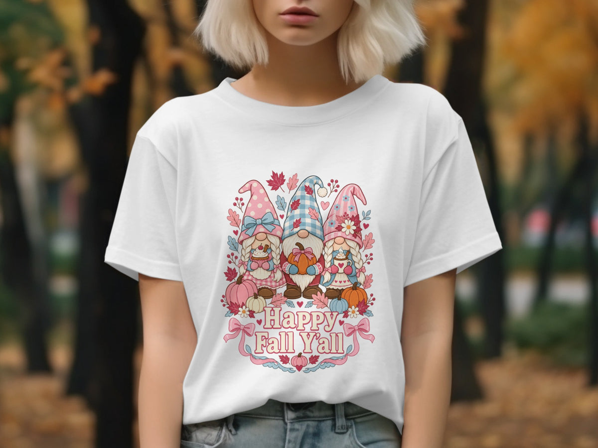 Three gnomes in fall outfits hold pumpkins and a cupcake under "Happy Fall Y'all".