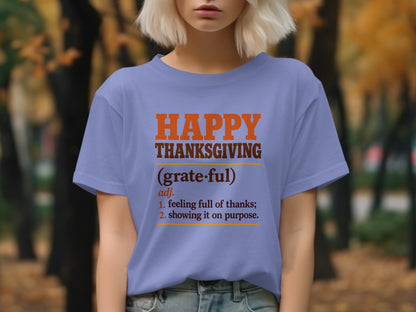 Purple t-shirt with "Happy Thanksgiving (grateful) adj." text defining grateful.