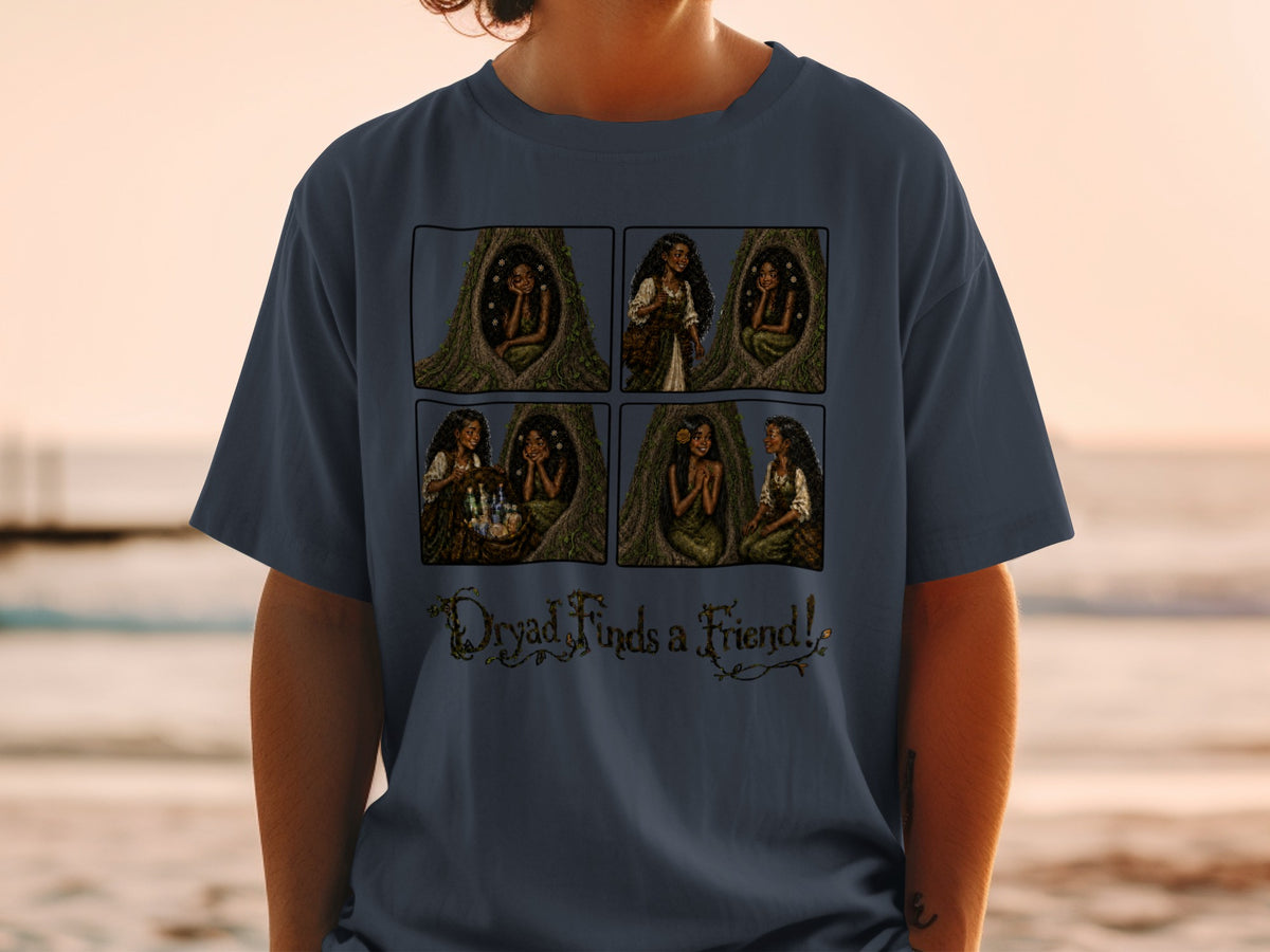 T-shirt with comic strip depicting a dryad and text "Dryad Finds a Friend!".