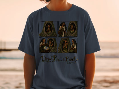 T-shirt with comic strip depicting a dryad and text "Dryad Finds a Friend!".