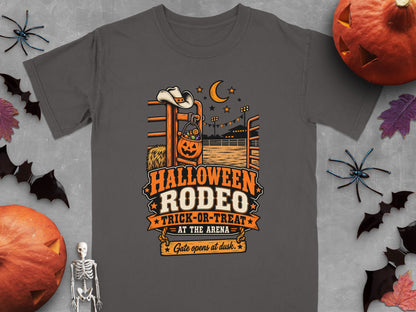 Halloween Rodeo Trick-or-Treat at the Arena t-shirt with gate opening at dusk.