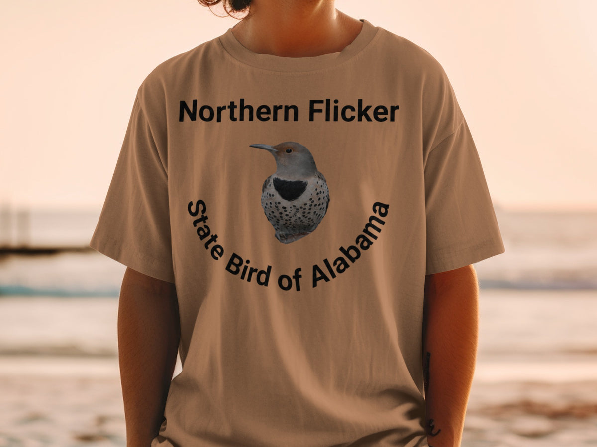 T-shirt with Northern Flicker, State Bird of Alabama graphic and text.