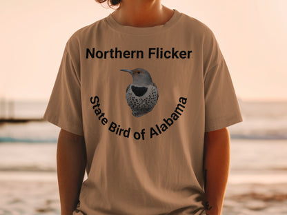 T-shirt with Northern Flicker, State Bird of Alabama graphic and text.