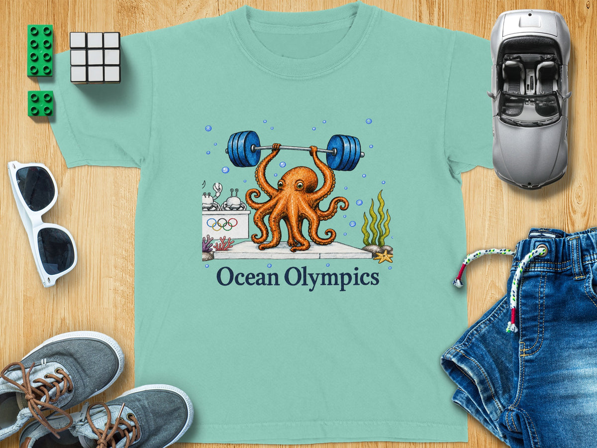 Aqua t-shirt with octopus lifting barbell, Olympic rings, and "Ocean Olympics" text.