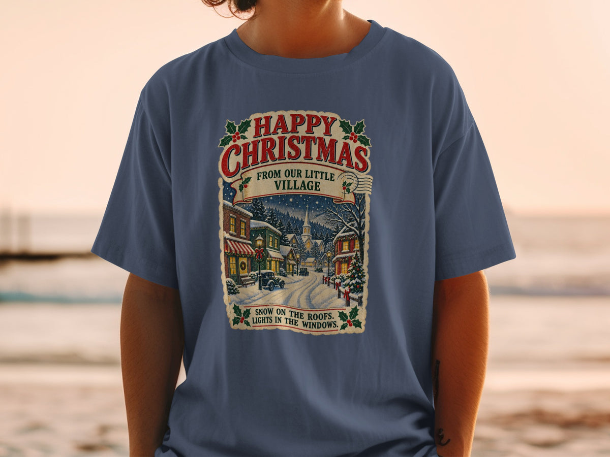 Christmas village scene with "Happy Christmas From Our Little Village" text.