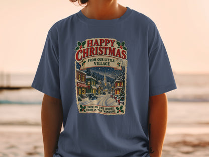 Christmas village scene with "Happy Christmas From Our Little Village" text.