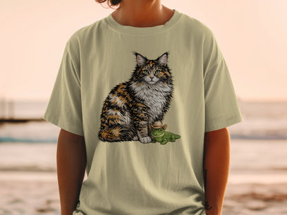 A light-colored t-shirt with a graphic of a fluffy calico cat sitting beside a small alligator wearing a cowboy hat.
