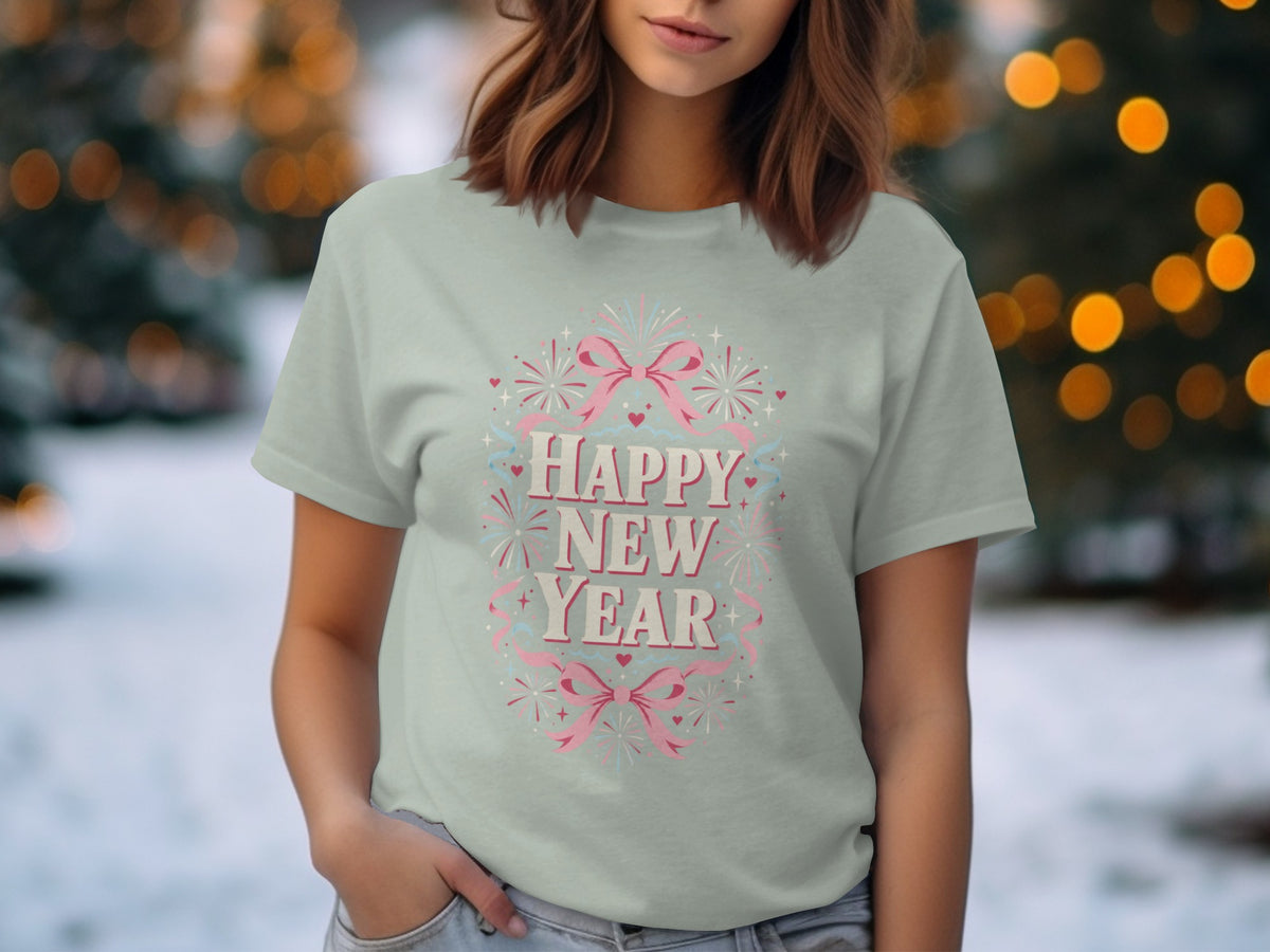Light blue t-shirt with "Happy New Year" text, fireworks, and bows.