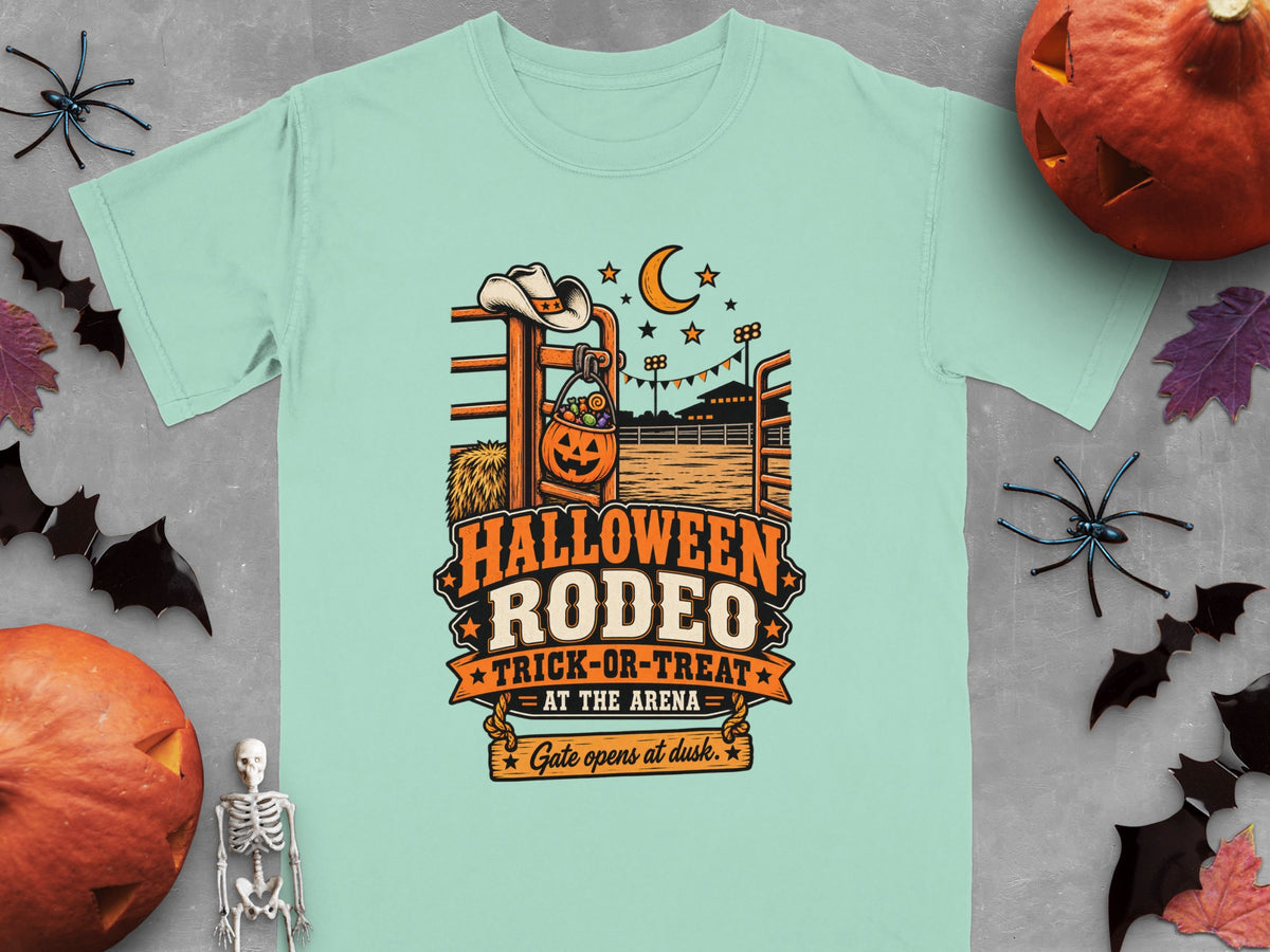 Pale mint t-shirt with "Halloween Rodeo Trick-or-Treat At The Arena Gate opens at dusk" text.