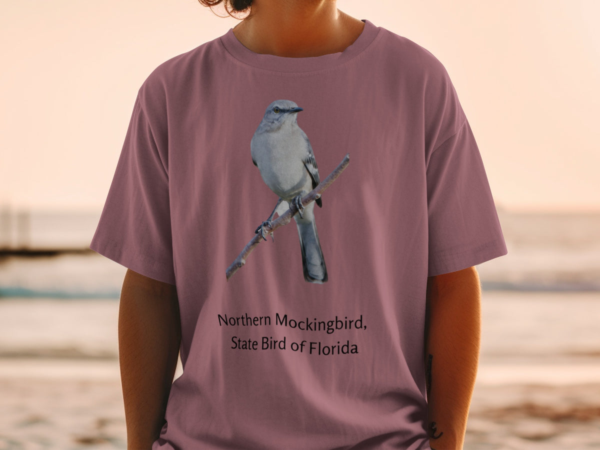 T-shirt with Northern Mockingbird, State Bird of Florida graphic.