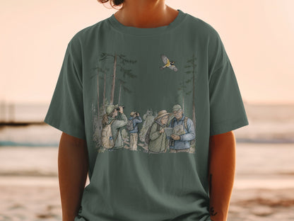 Illustration of people birdwatching in a forest with a bird in flight.