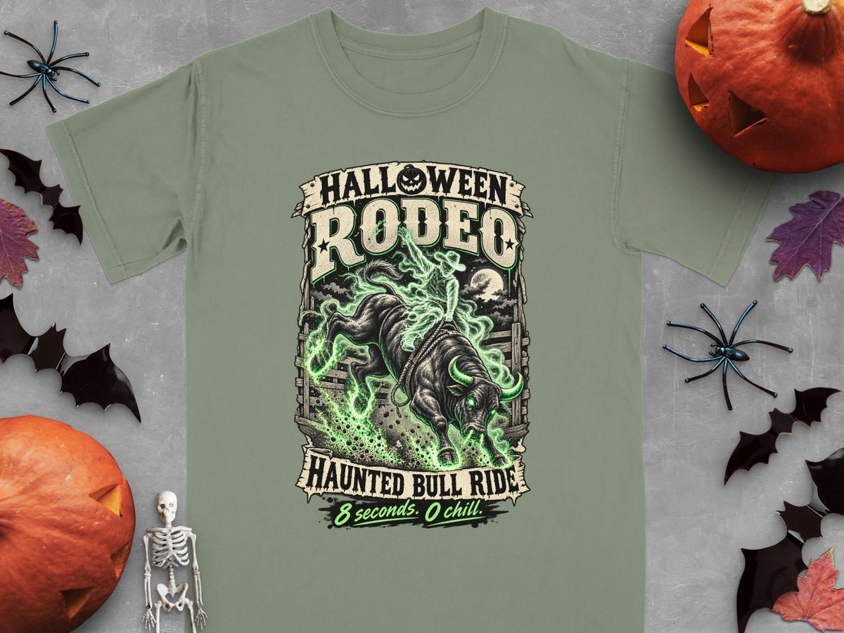 Green t-shirt with Halloween Rodeo Haunted Bull Ride graphic.
