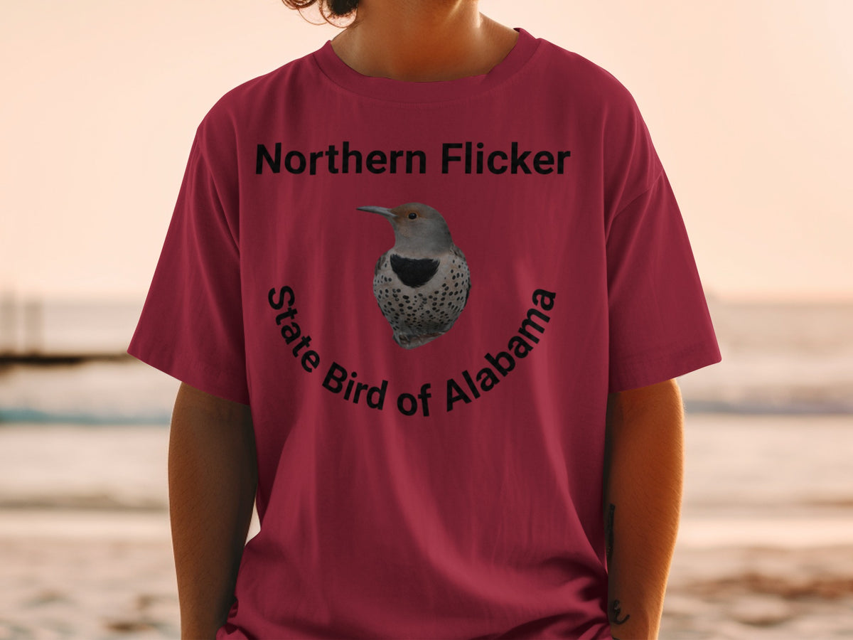 T-shirt with Northern Flicker, state bird of Alabama graphic.