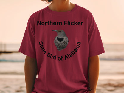 T-shirt with Northern Flicker, state bird of Alabama graphic.
