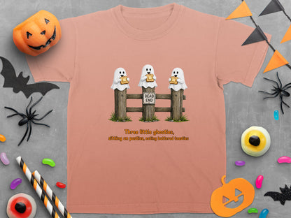 Three ghosts sit on a fence with a "Dead End" sign, eating toast.