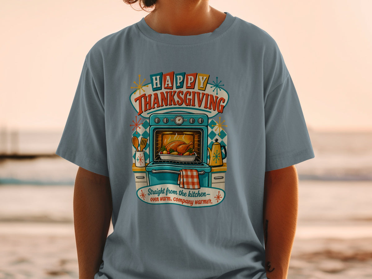 T-shirt with "Happy Thanksgiving" and oven-roasted turkey graphic.