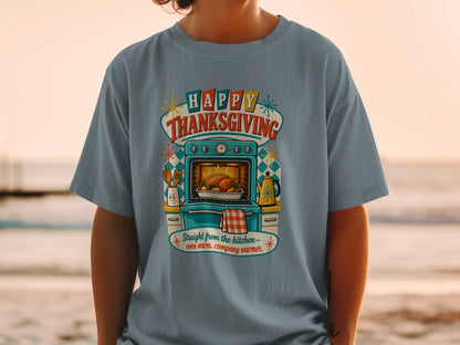 T-shirt with "Happy Thanksgiving" and oven-roasted turkey graphic.