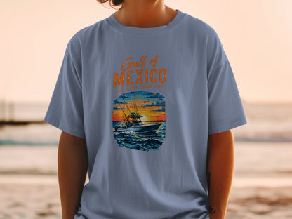 T-shirt graphic with "Gulf of Mexico" text and fishing boat at sunset.