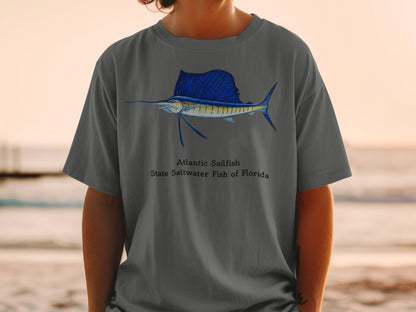 Gray t-shirt with an Atlantic Sailfish illustration and text "State Saltwater Fish of Florida".