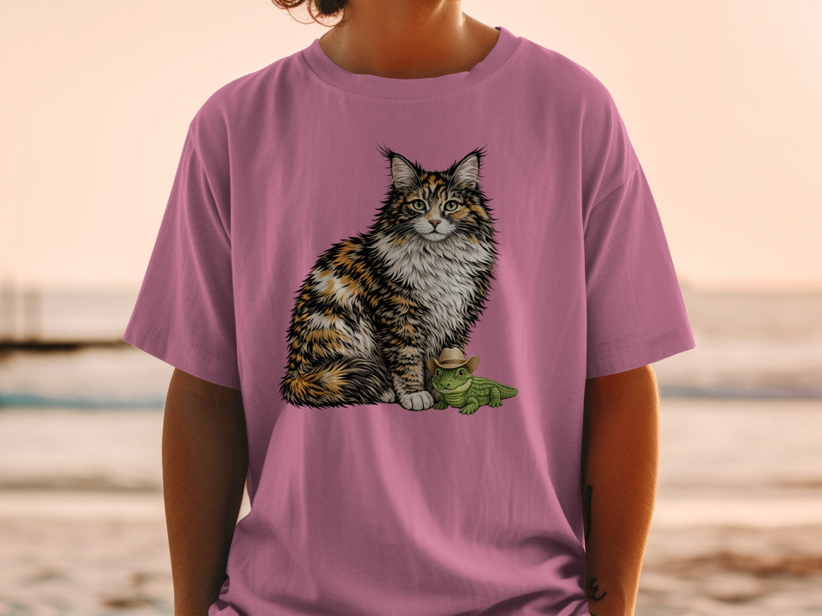 A person wearing a pink t-shirt printed with a calico cat and a small alligator wearing a cowboy hat.