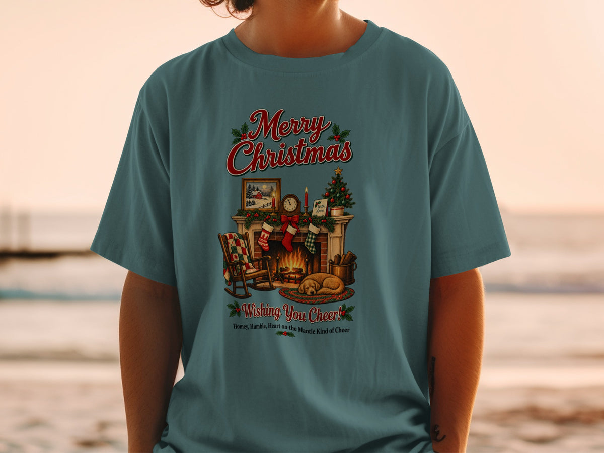 Merry Christmas t-shirt with fireplace scene, stockings, tree, and sleeping dog.