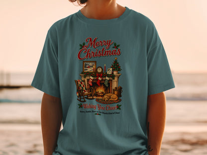 Merry Christmas t-shirt with fireplace scene, stockings, tree, and sleeping dog.