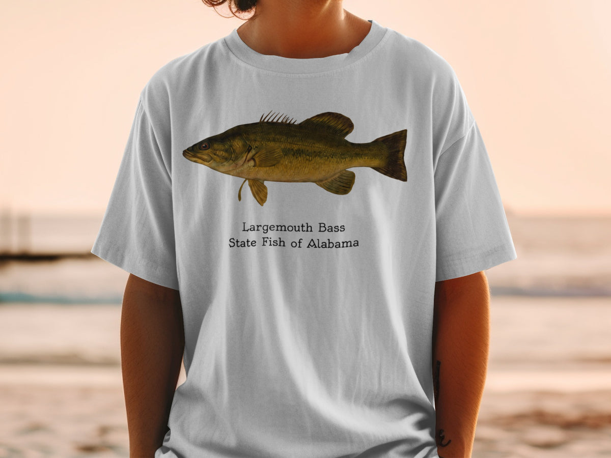 White t-shirt with Largemouth Bass and "State Fish of Alabama" text.