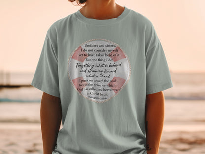 Shirt with Philippians 3:13-14 Bible verse inside a life preserver graphic.