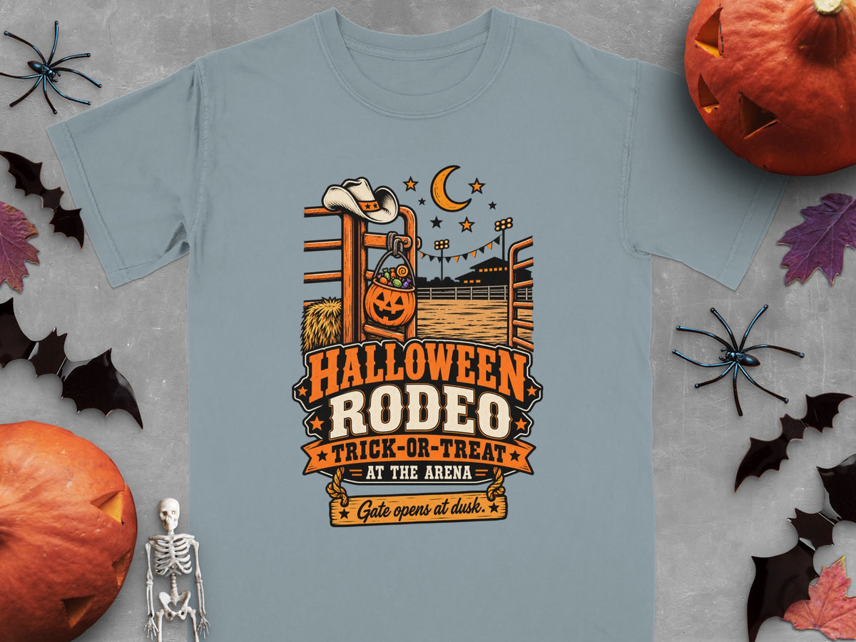 Halloween Rodeo graphic with text "Trick-or-Treat at the Arena" and "Gate opens at dusk".