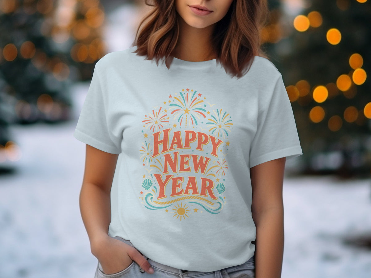 Light blue t-shirt with "Happy New Year" in orange text and fireworks graphic.
