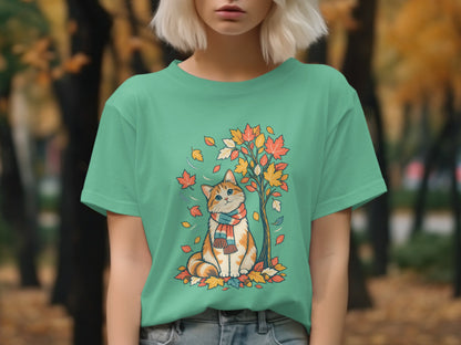 Teal t-shirt with a graphic of a cat wearing a scarf sitting under a fall tree.