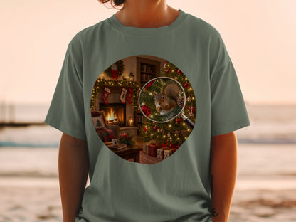 Magnifying glass over squirrel on Christmas tree next to fireplace with stockings.