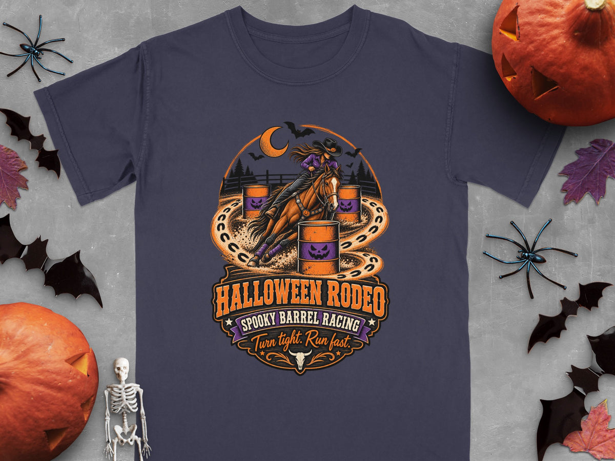 Halloween Rodeo Spooky Barrel Racing shirt with cowgirl, horse, and pumpkins.