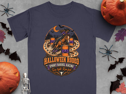 Halloween Rodeo Spooky Barrel Racing shirt with cowgirl, horse, and pumpkins.