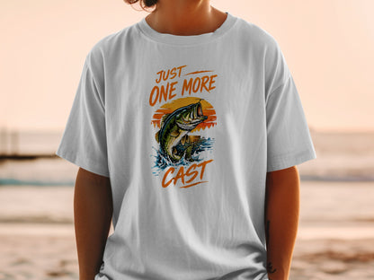 White t-shirt with bass jumping from water, "Just One More Cast" text.
