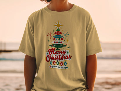 Yellow t-shirt with a retro Christmas tree design and text.
