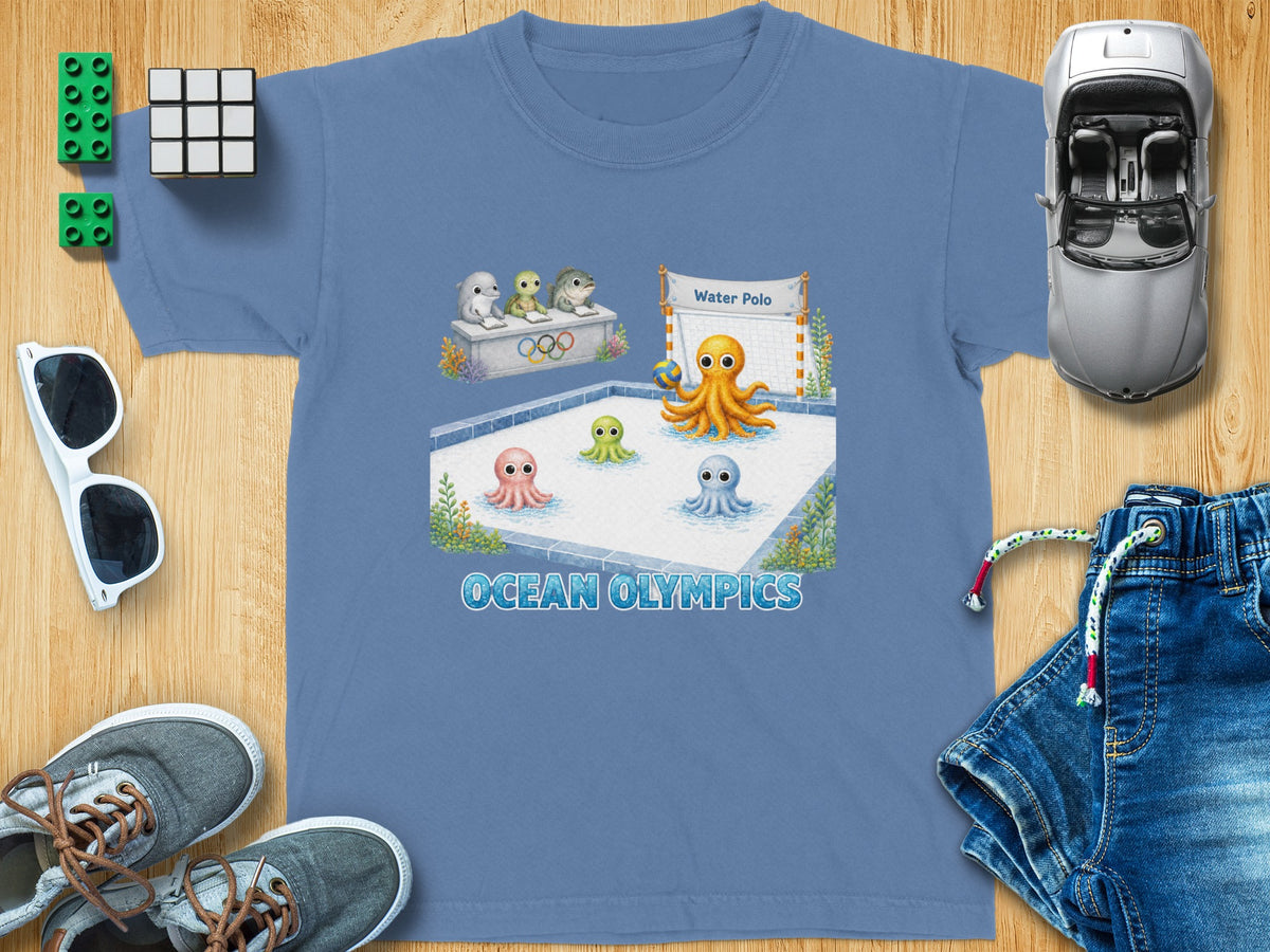 Cartoon octopus playing water polo with other sea creatures at the Ocean Olympics.