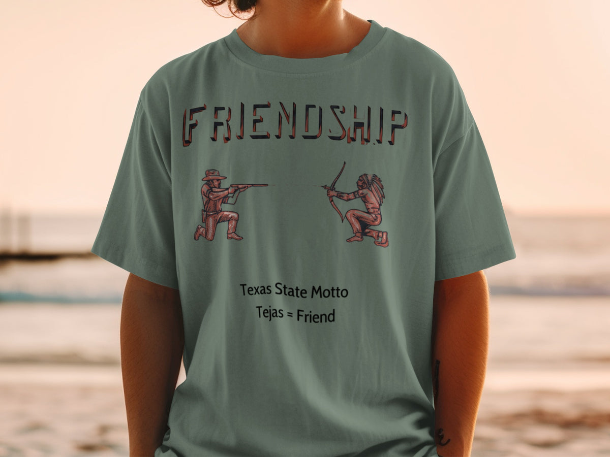 Friendship shirt with a cowboy and Native American facing off, Texas motto.