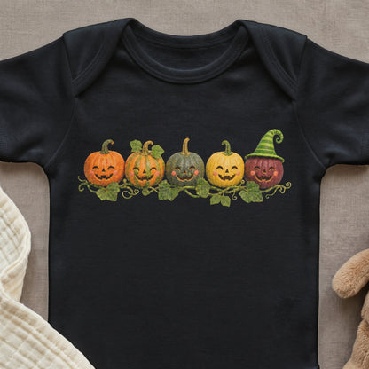Black bodysuit with a row of cute smiling jack-o'-lanterns and vines.