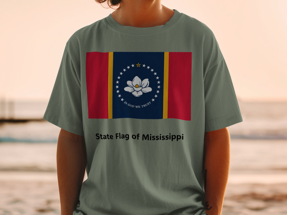 T-shirt with Mississippi state flag design and "State Flag of Mississippi" text.