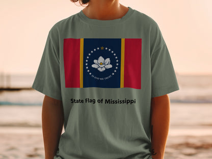T-shirt with Mississippi state flag design and "State Flag of Mississippi" text.